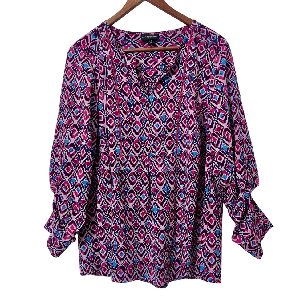 Lane Bryant Womens Geometric Print Tunic Top Size 14/16 Pink‎ Blue Long Sleeve